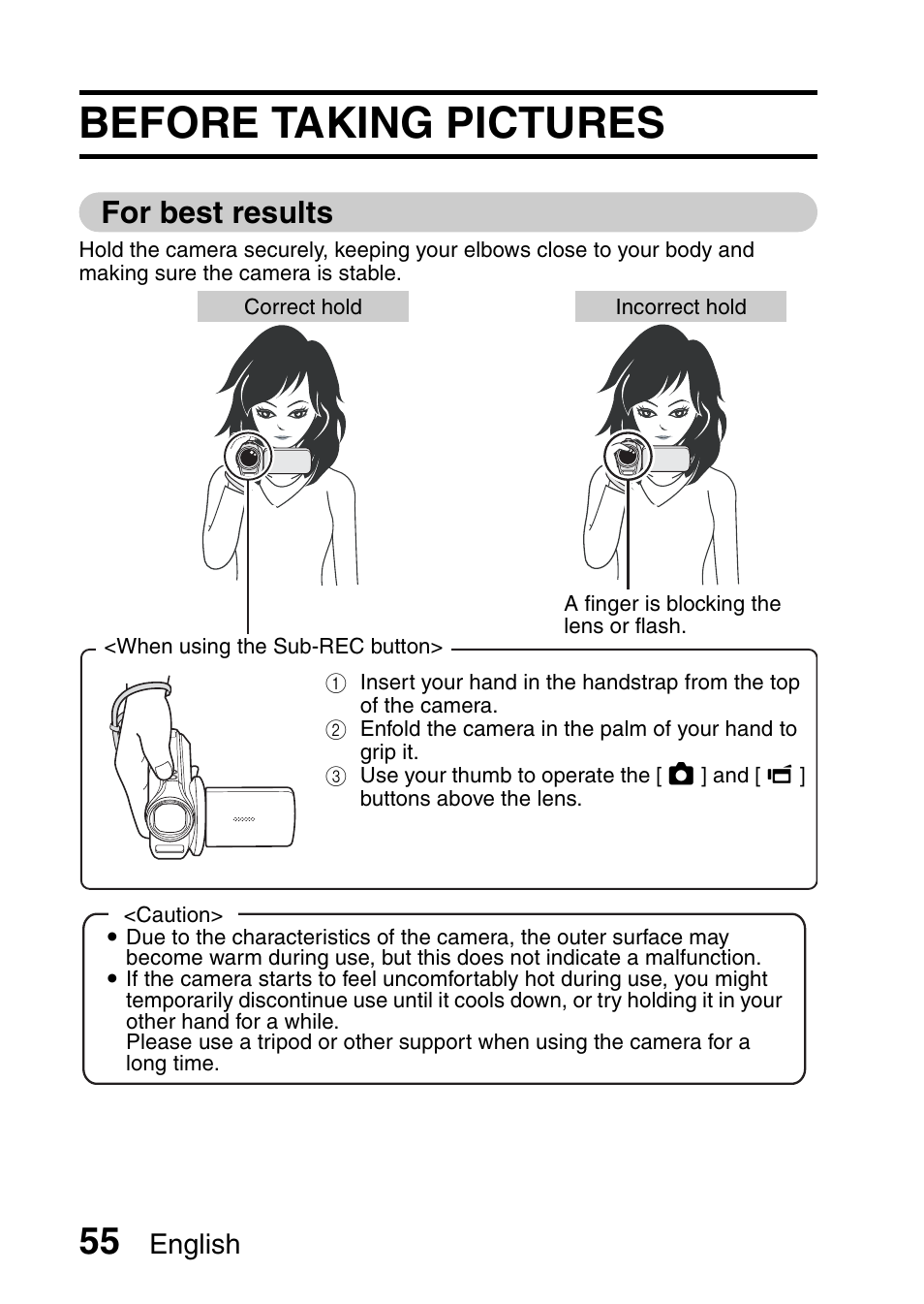 Simple, Shooting, Before taking pictures | For best results, English | Sanyo XACTI VPC-GH3GX User Manual | Page 64 / 204