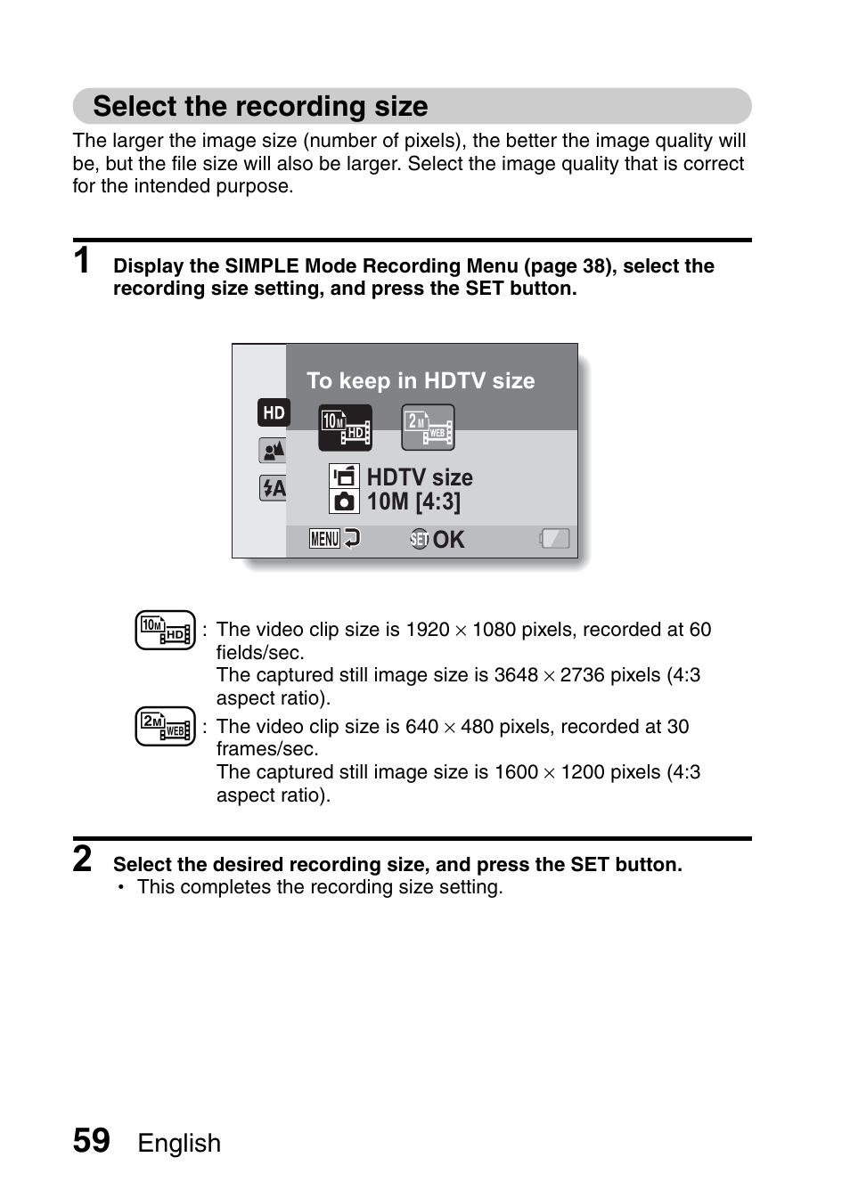 Select the recording size | Sanyo XACTI VPC-GH3GX User Manual | Page 68 / 204