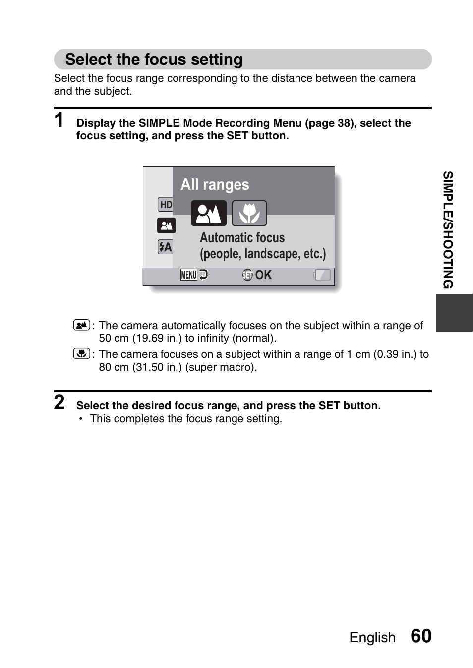 Select the focus setting, All ranges | Sanyo XACTI VPC-GH3GX User Manual | Page 69 / 204