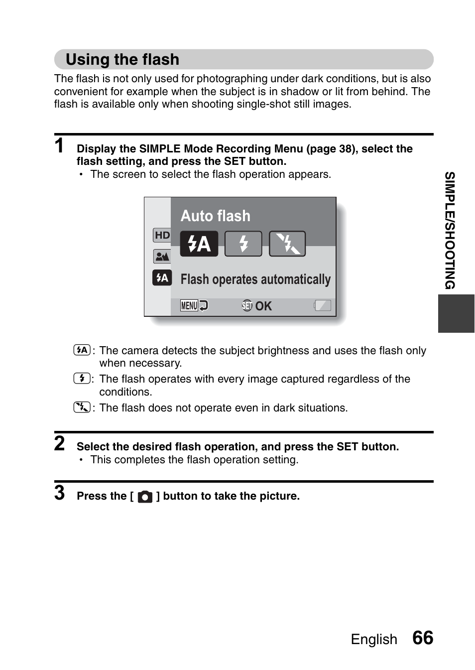 Using the flash, Auto flash | Sanyo XACTI VPC-GH3GX User Manual | Page 75 / 204