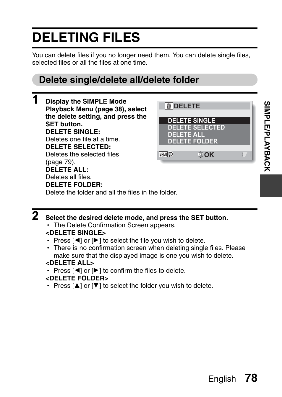 Deleting files, Delete single/delete all/delete folder | Sanyo XACTI VPC-GH3GX User Manual | Page 87 / 204