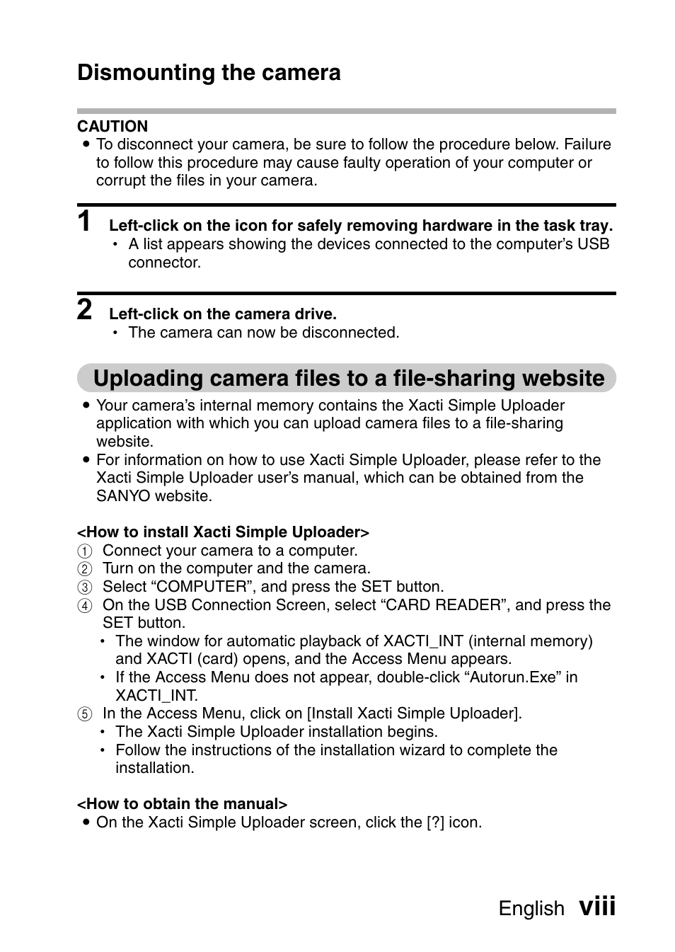 Viii, Dismounting the camera, Uploading camera files to a file-sharing website | English | Sanyo XACTI VPC-GH3GX User Manual | Page 9 / 204