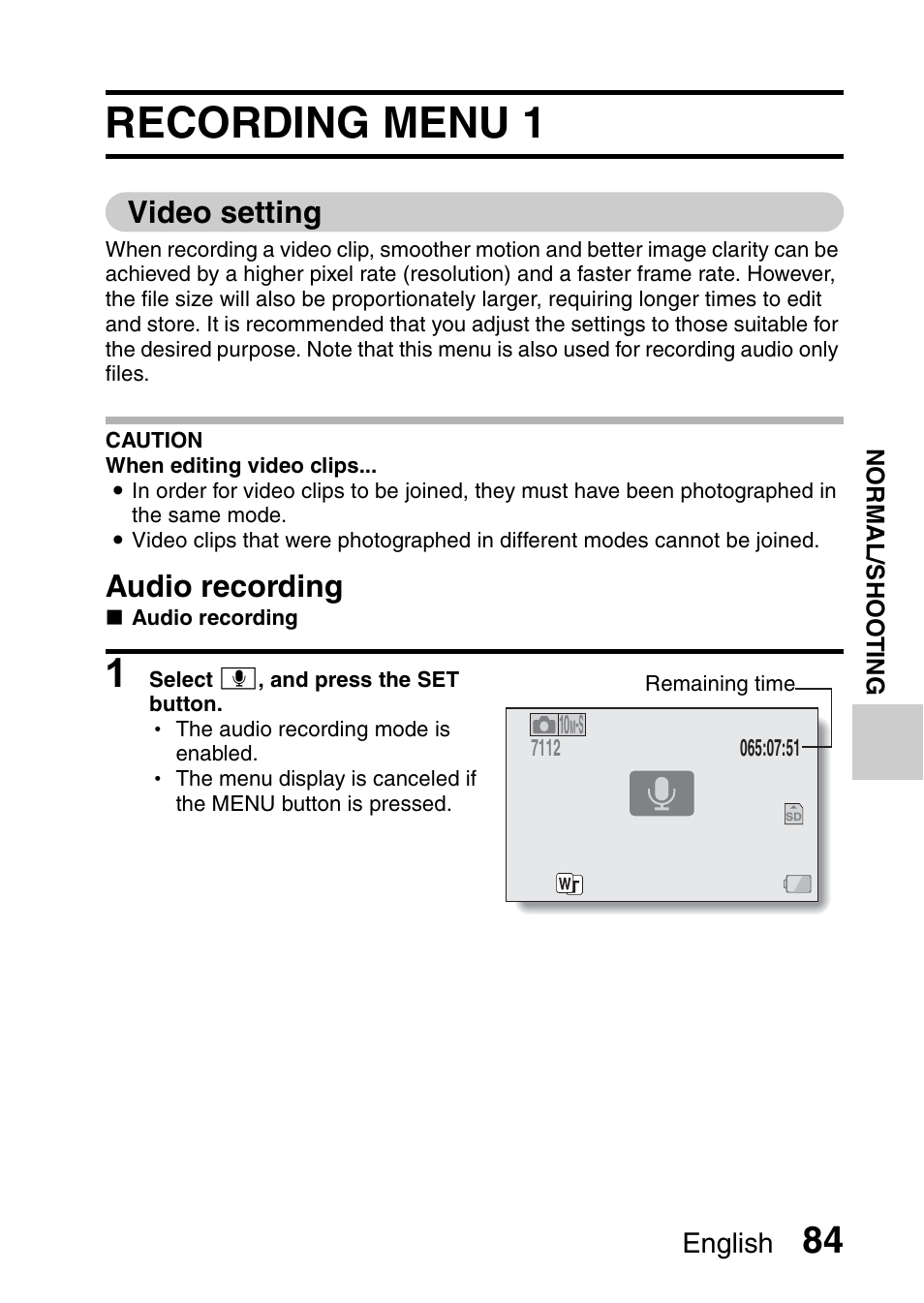 Normal, Shooting, Recording menu 1 | Video setting, Audio recording, English | Sanyo XACTI VPC-GH3GX User Manual | Page 93 / 204