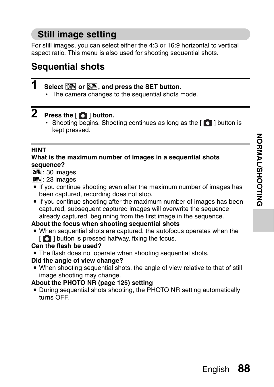 Still image setting, Sequential shots, English | Sanyo XACTI VPC-GH3GX User Manual | Page 97 / 204