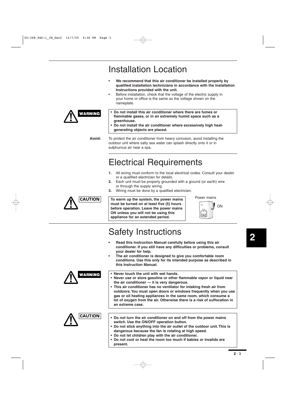 Installation location, Electrical requirements, Safety instructions | Sanyo KH2672R User Manual | Page 21 / 48