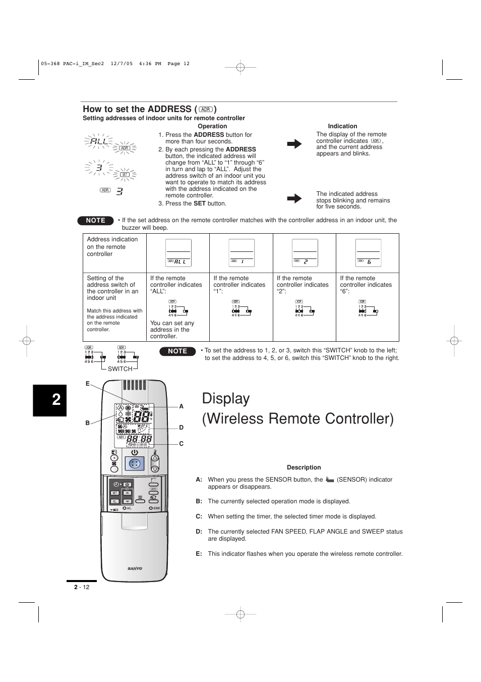 Display (wireless remote controller), How to set the address ( ) | Sanyo KH2672R User Manual | Page 30 / 48