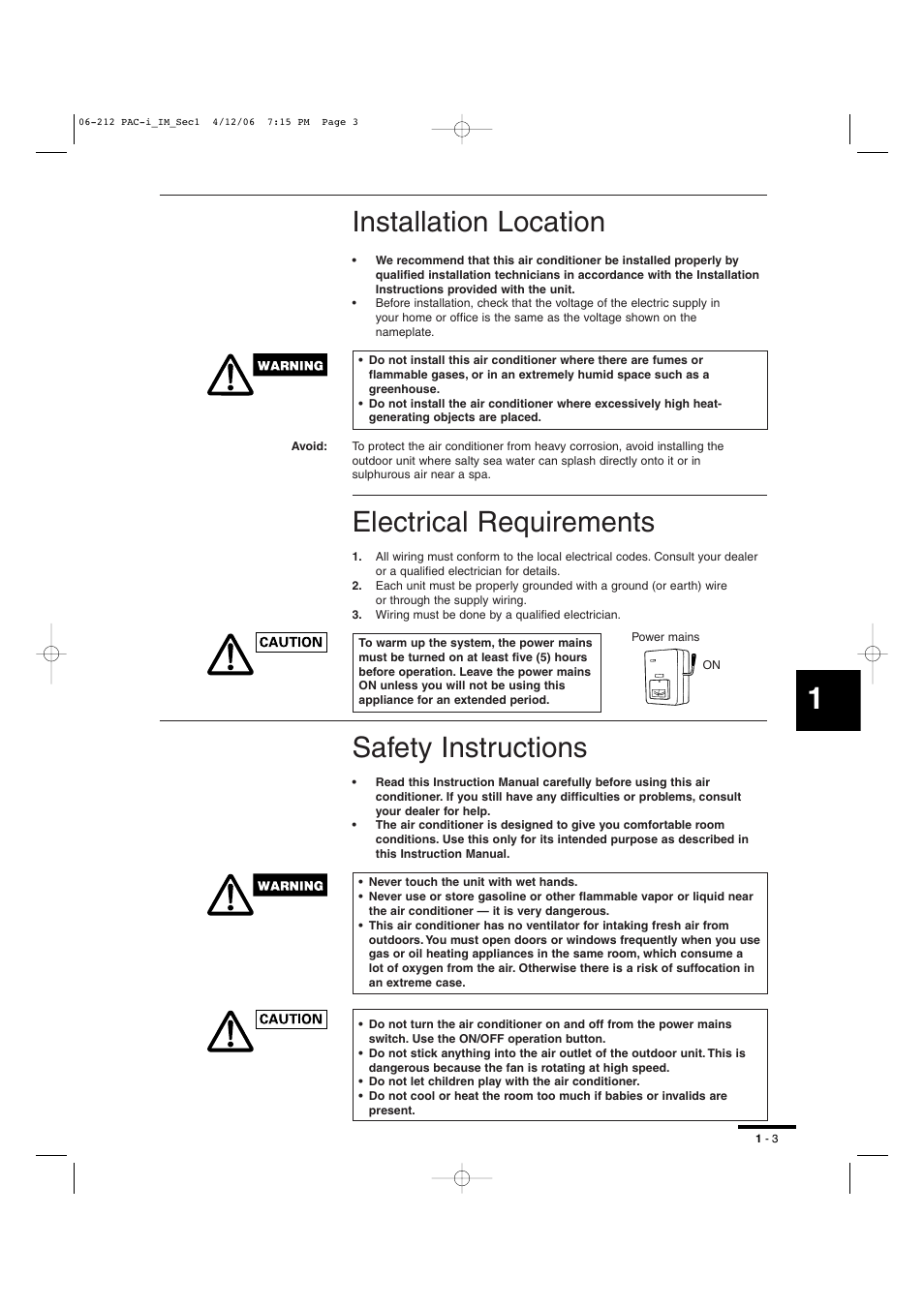Installation location, Electrical requirements, Safety instructions | Sanyo KH2672R User Manual | Page 4 / 48