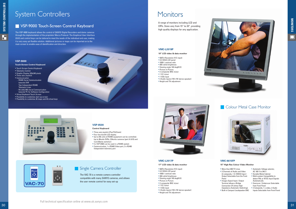 System controllers, Monitors, Vsp-9000 touch-screen control keyboard | Single camera controller, Colour metal case monitor | Sanyo VCC-ZM500P User Manual | Page 16 / 19