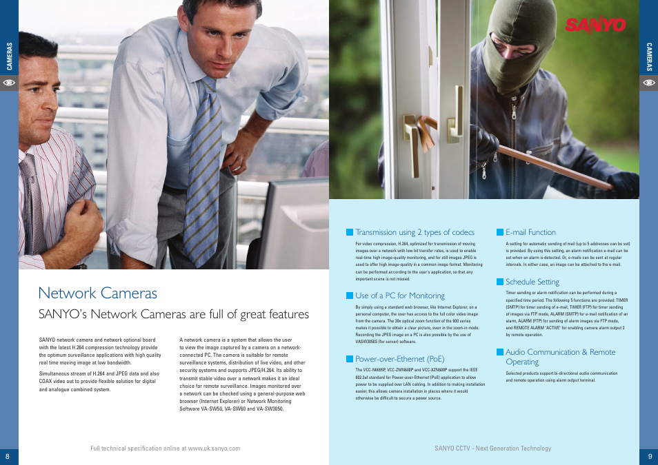 Network cameras, Sanyo’s network cameras are full of great features, Transmission using 2 types of codecs | Use of a pc for monitoring, Power-over-ethernet (poe), E-mail function, Schedule setting, Audio communication & remote operating | Sanyo VCC-ZM500P User Manual | Page 5 / 19