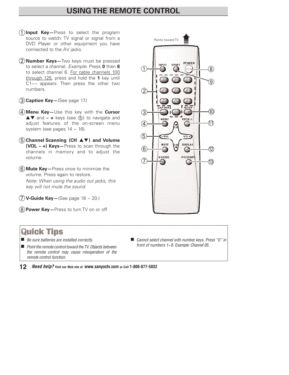 Using the remote control | Sanyo DP23845 User Manual | Page 12 / 67
