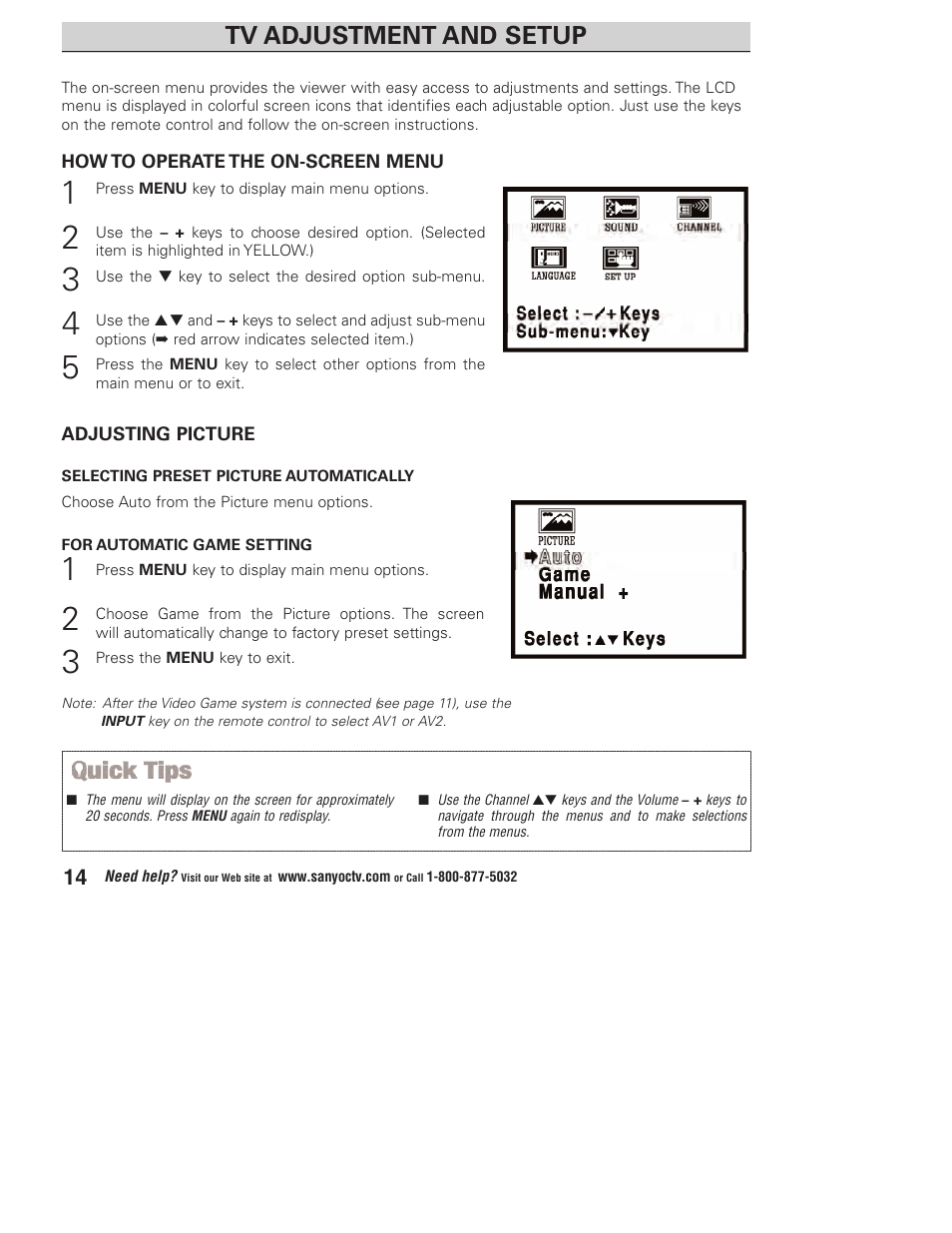 Tv adjustment and setup | Sanyo DP23845 User Manual | Page 14 / 67