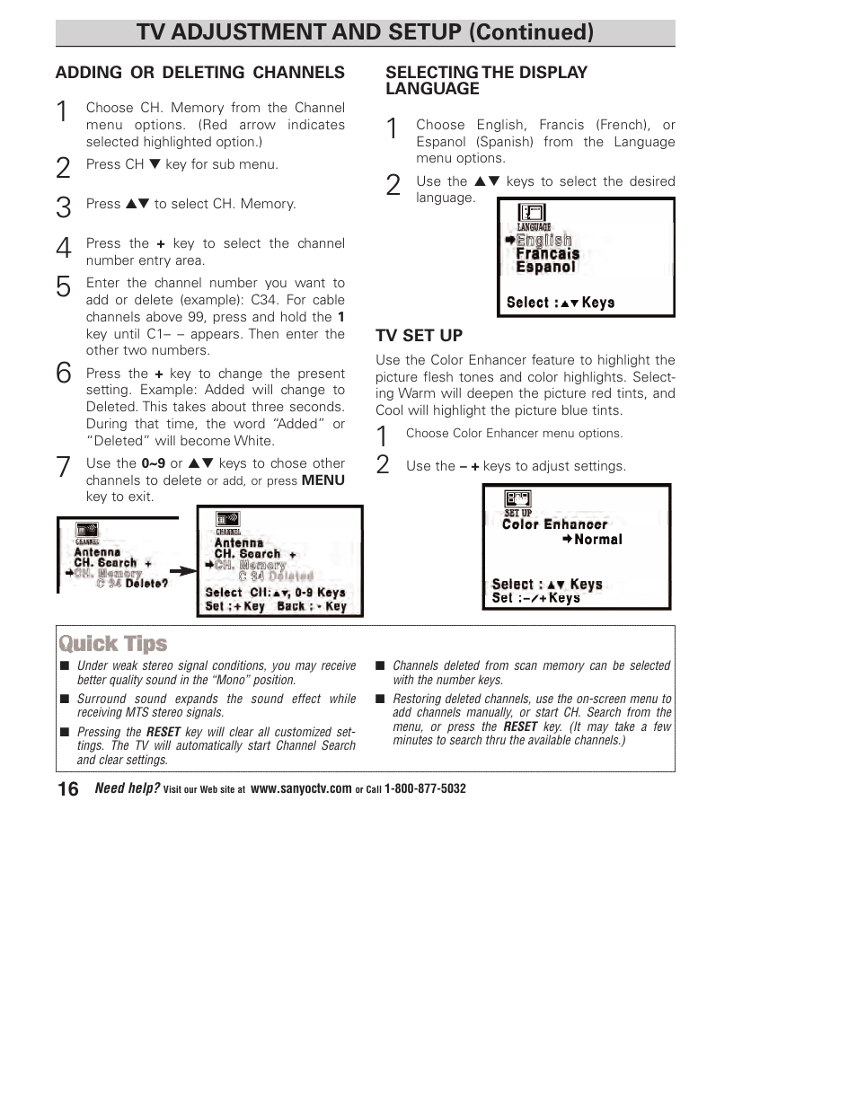 Tv adjustment and setup (continued) | Sanyo DP23845 User Manual | Page 16 / 67