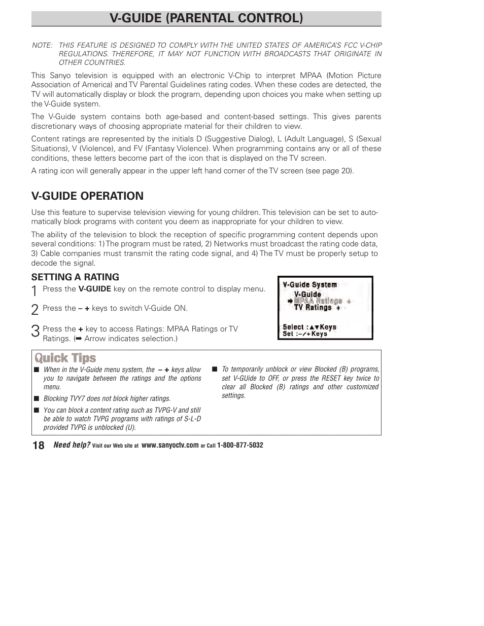 V-guide (parental control), V-guide operation | Sanyo DP23845 User Manual | Page 18 / 67