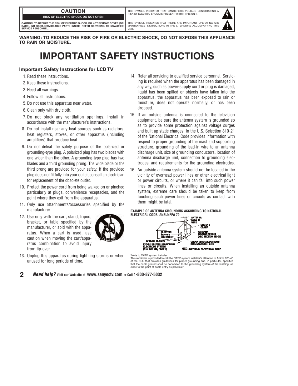 Important safety instructions | Sanyo DP23845 User Manual | Page 2 / 67