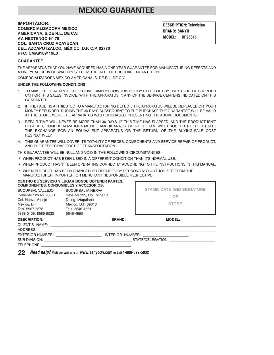 Mexico guarantee | Sanyo DP23845 User Manual | Page 22 / 67
