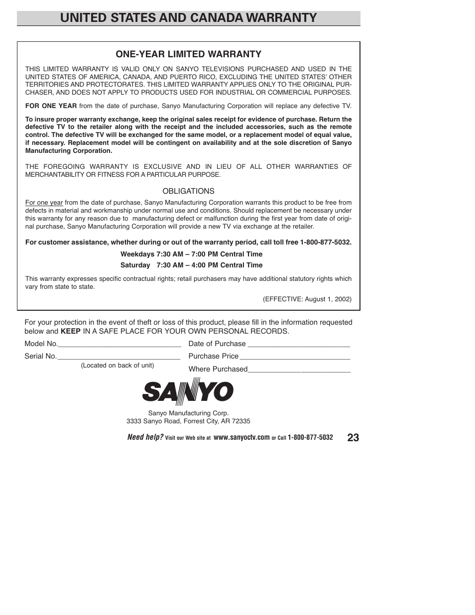 United states and canada warranty | Sanyo DP23845 User Manual | Page 23 / 67