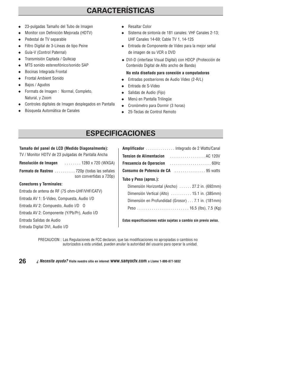 Características especificaciones | Sanyo DP23845 User Manual | Page 26 / 67