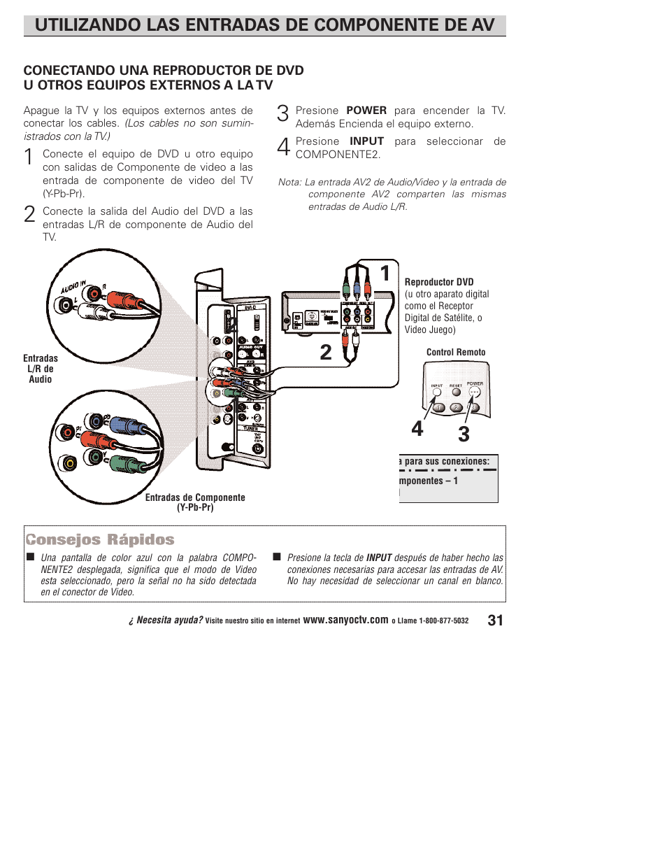 Utilizando las entradas de componente de av | Sanyo DP23845 User Manual | Page 31 / 67