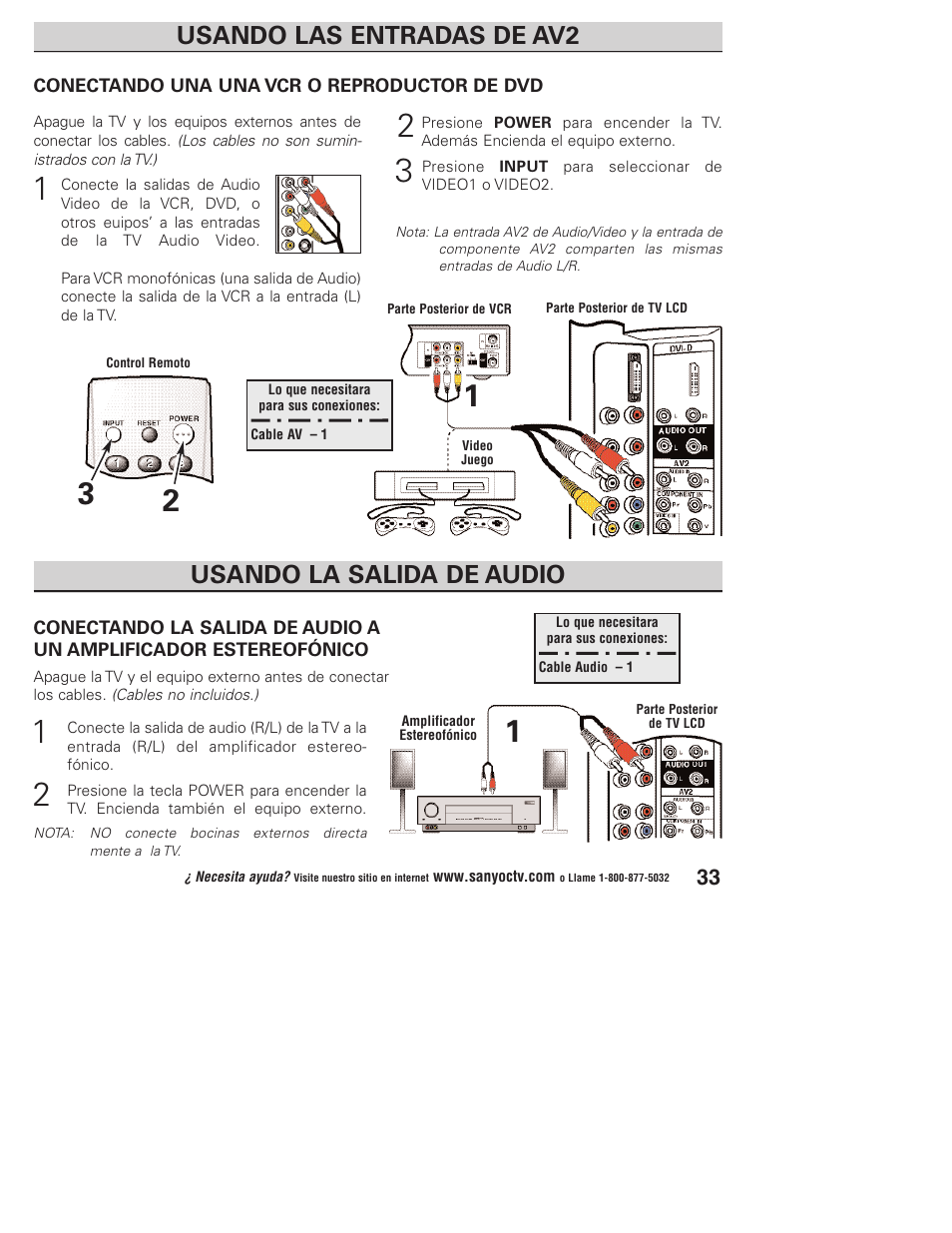 Usando la salida de audio, Usando las entradas de av2 | Sanyo DP23845 User Manual | Page 33 / 67
