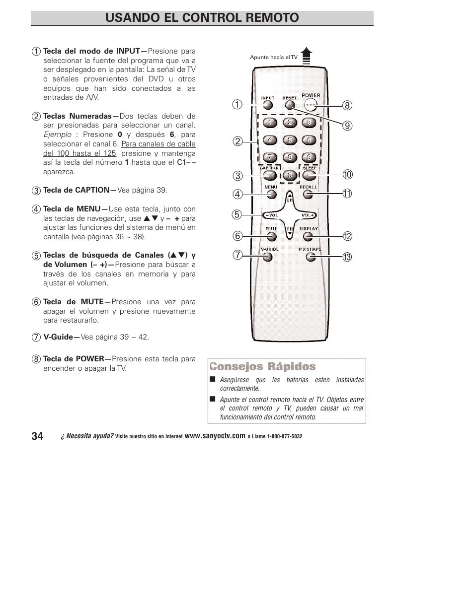 Usando el control remoto | Sanyo DP23845 User Manual | Page 34 / 67