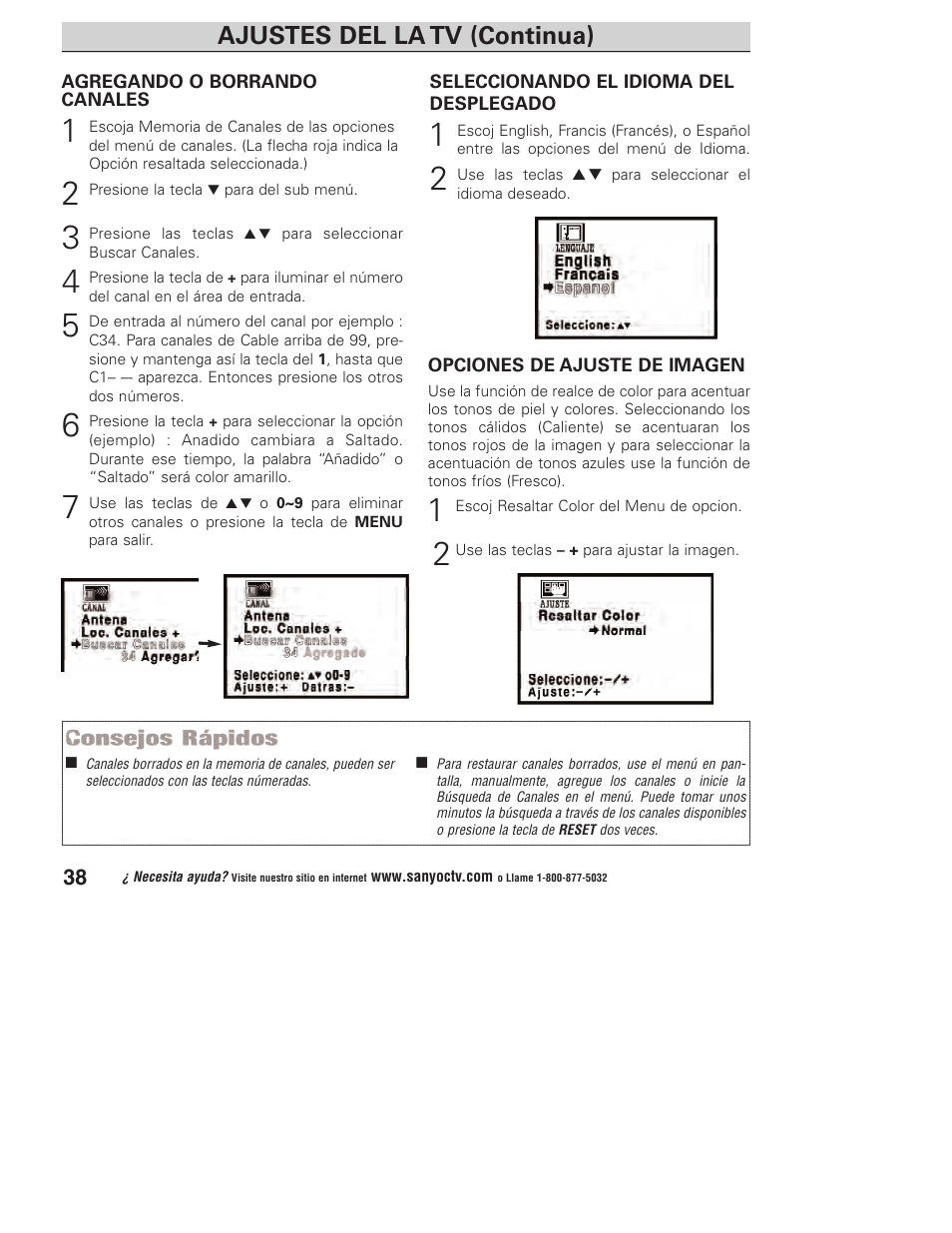 Ajustes del la tv (continua) | Sanyo DP23845 User Manual | Page 38 / 67