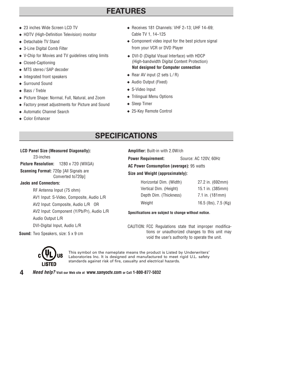 Specifications features | Sanyo DP23845 User Manual | Page 4 / 67