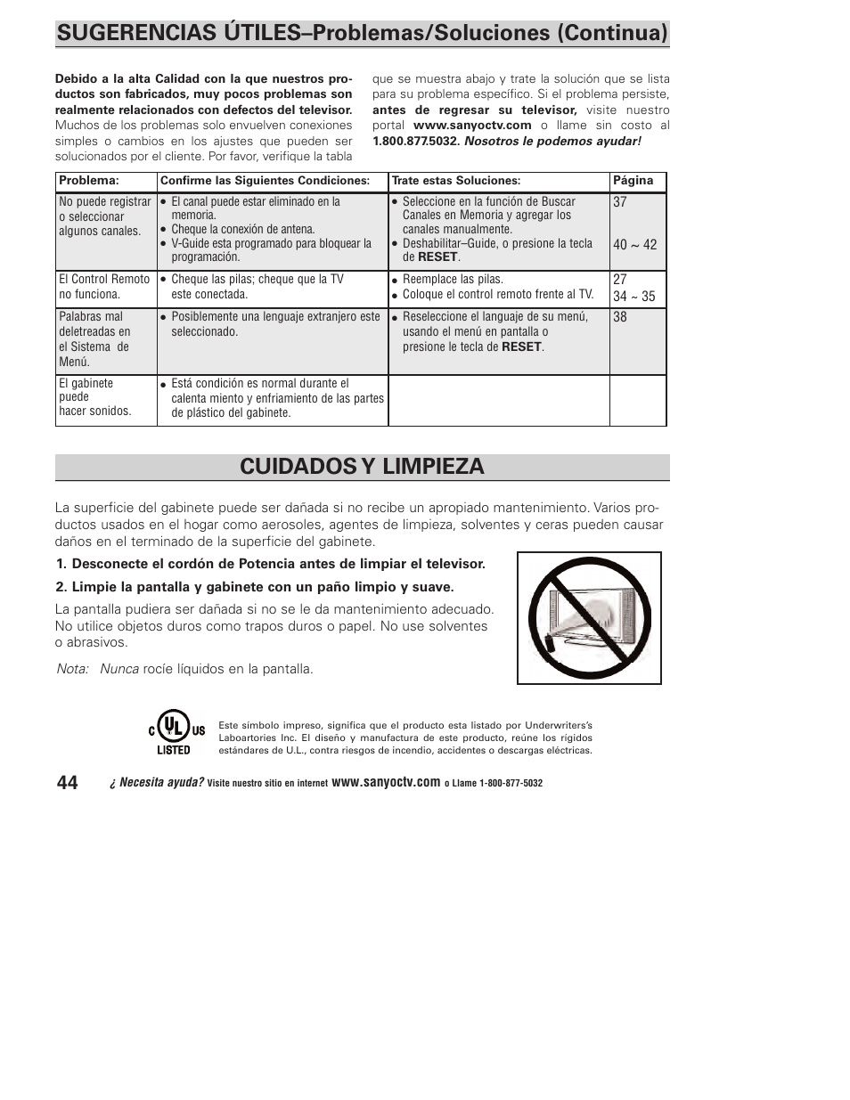 Cuidados y limpieza, Sugerencias útiles–problemas/soluciones (continua) | Sanyo DP23845 User Manual | Page 44 / 67