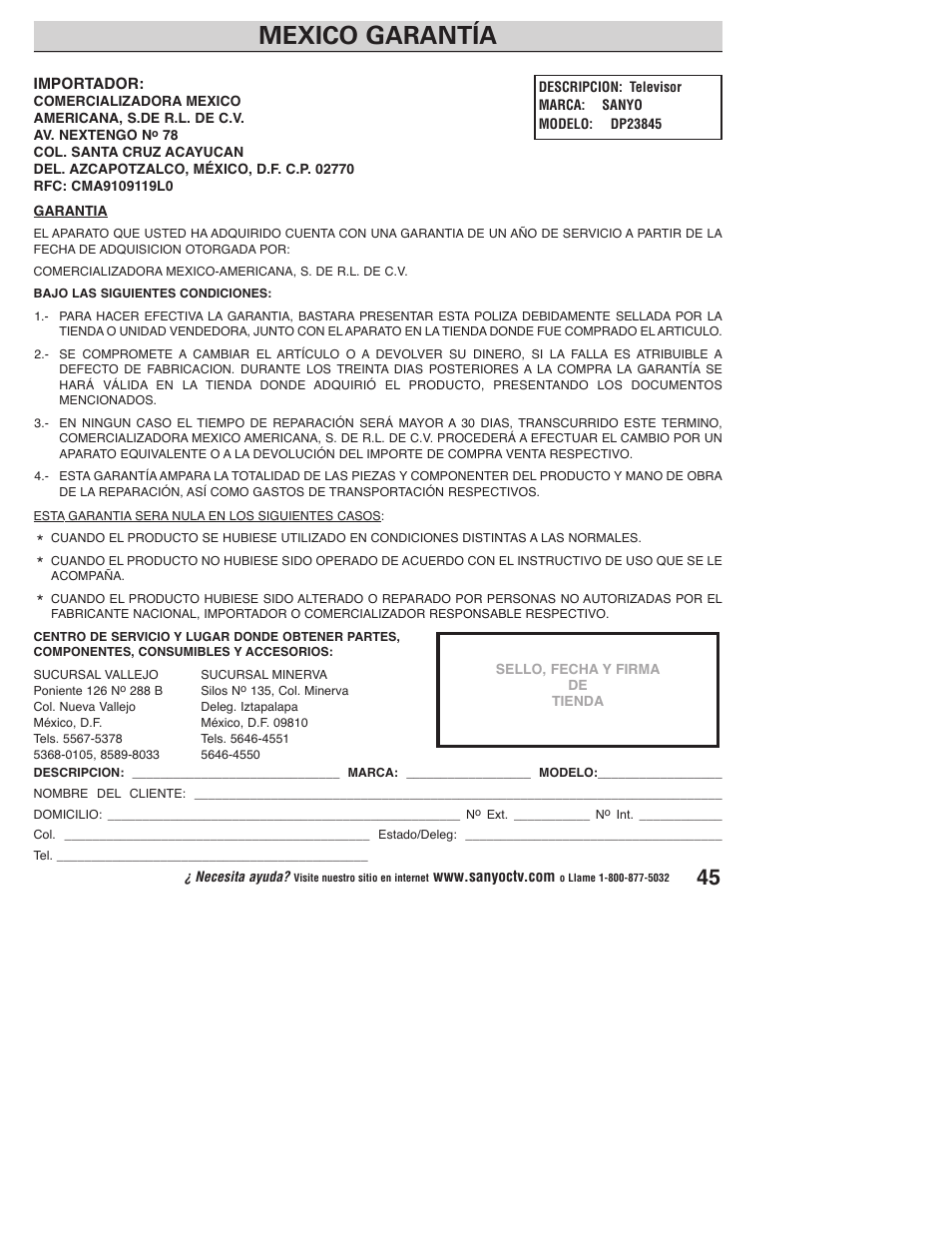 Mexico garantía | Sanyo DP23845 User Manual | Page 45 / 67