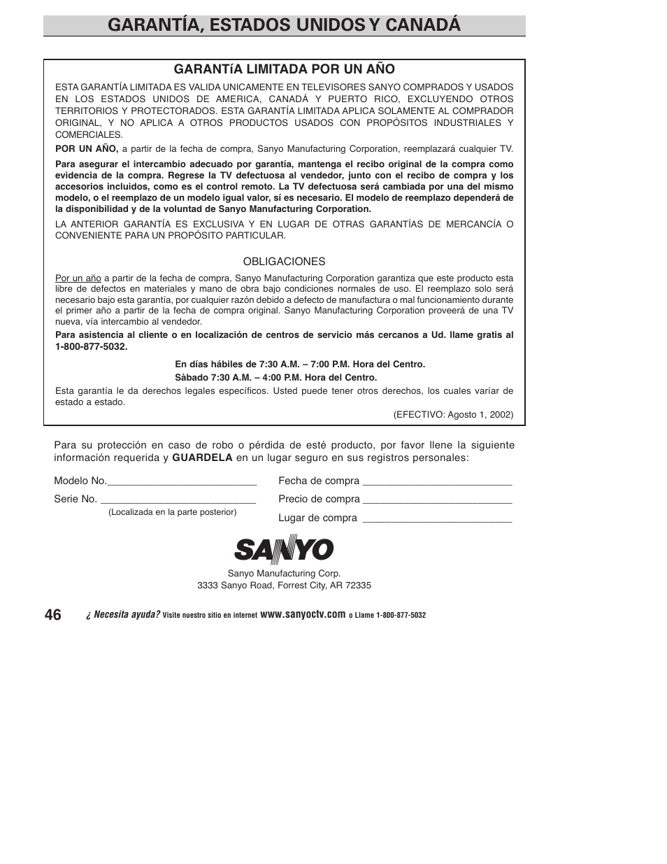 Garantía, estados unidos y canadá | Sanyo DP23845 User Manual | Page 46 / 67