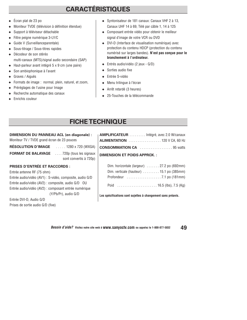 Caractéristiques fiche technique | Sanyo DP23845 User Manual | Page 49 / 67