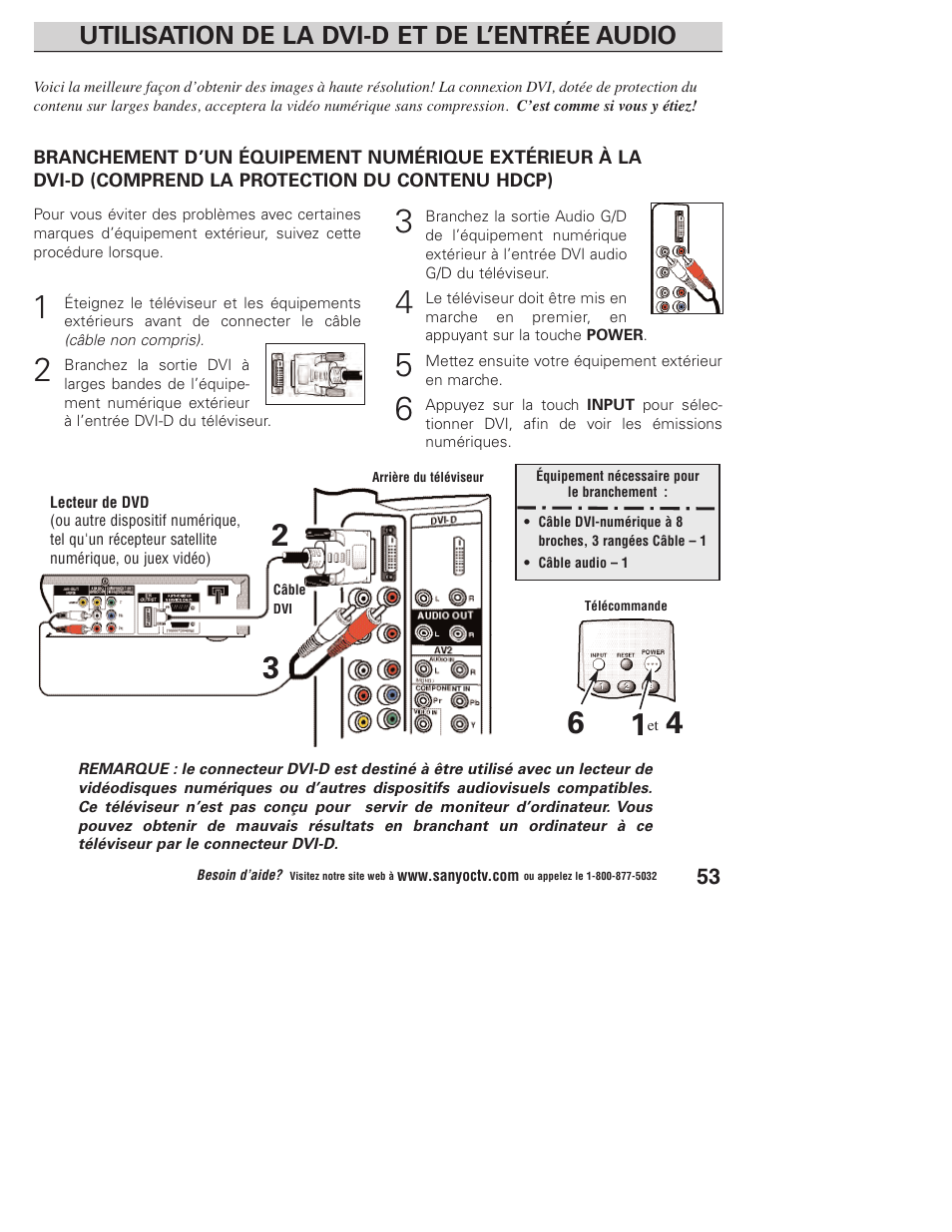 Utilisation de la dvi-d et de l’entrée audio | Sanyo DP23845 User Manual | Page 53 / 67