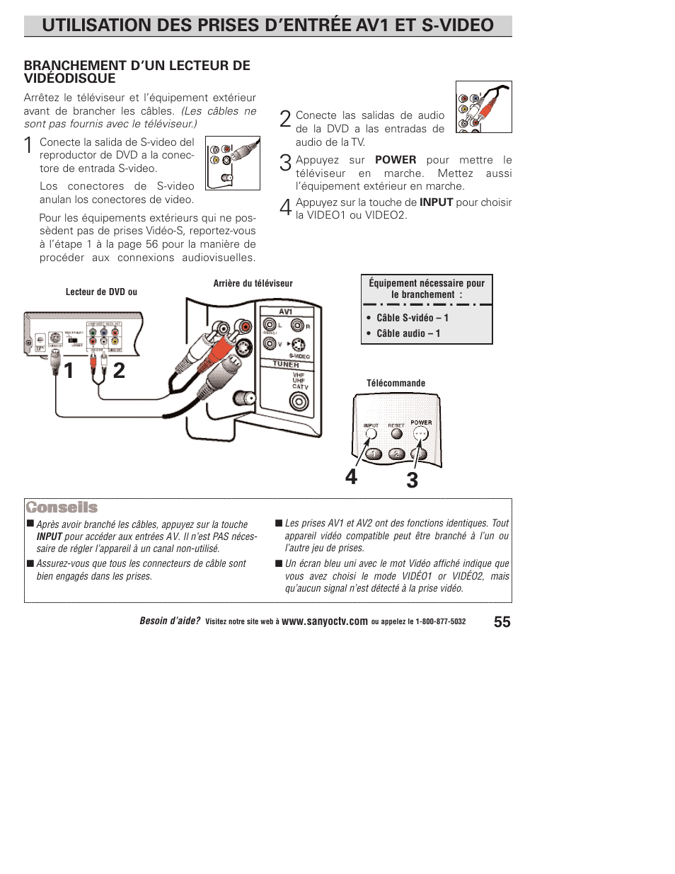 Utilisation des prises d’entrée av1 et s-video | Sanyo DP23845 User Manual | Page 55 / 67