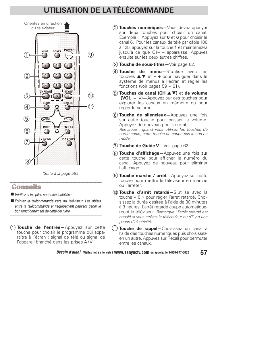 Utilisation de la télécommande | Sanyo DP23845 User Manual | Page 57 / 67