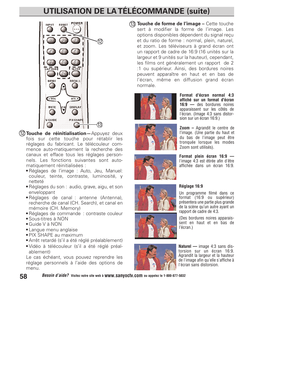 Utilisation de la télécommande (suite) | Sanyo DP23845 User Manual | Page 58 / 67