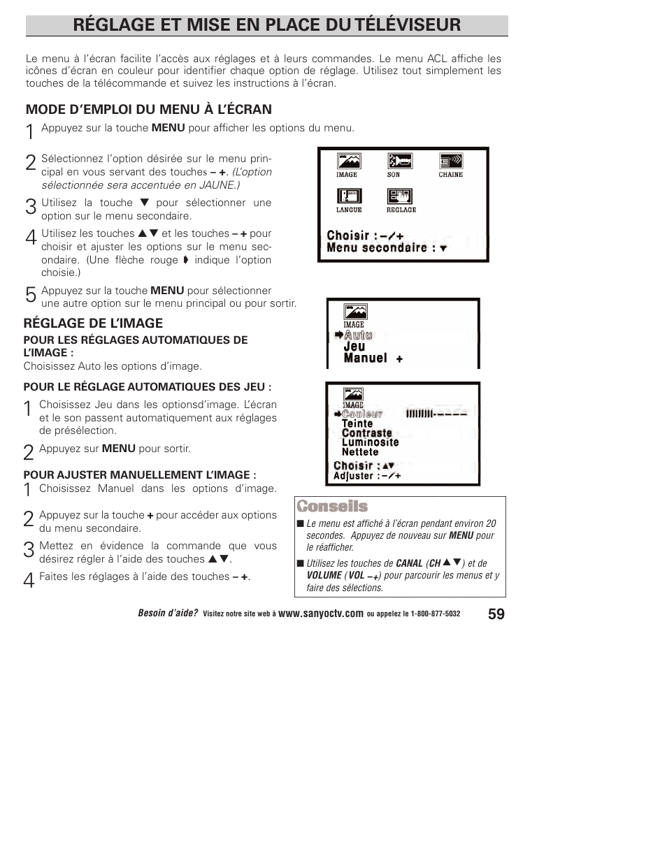 Réglage et mise en place du téléviseur | Sanyo DP23845 User Manual | Page 59 / 67