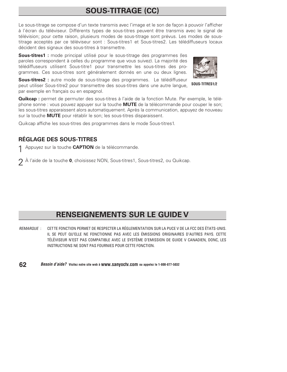 Renseignements sur le guide v, Sous-titrage (cc) | Sanyo DP23845 User Manual | Page 62 / 67