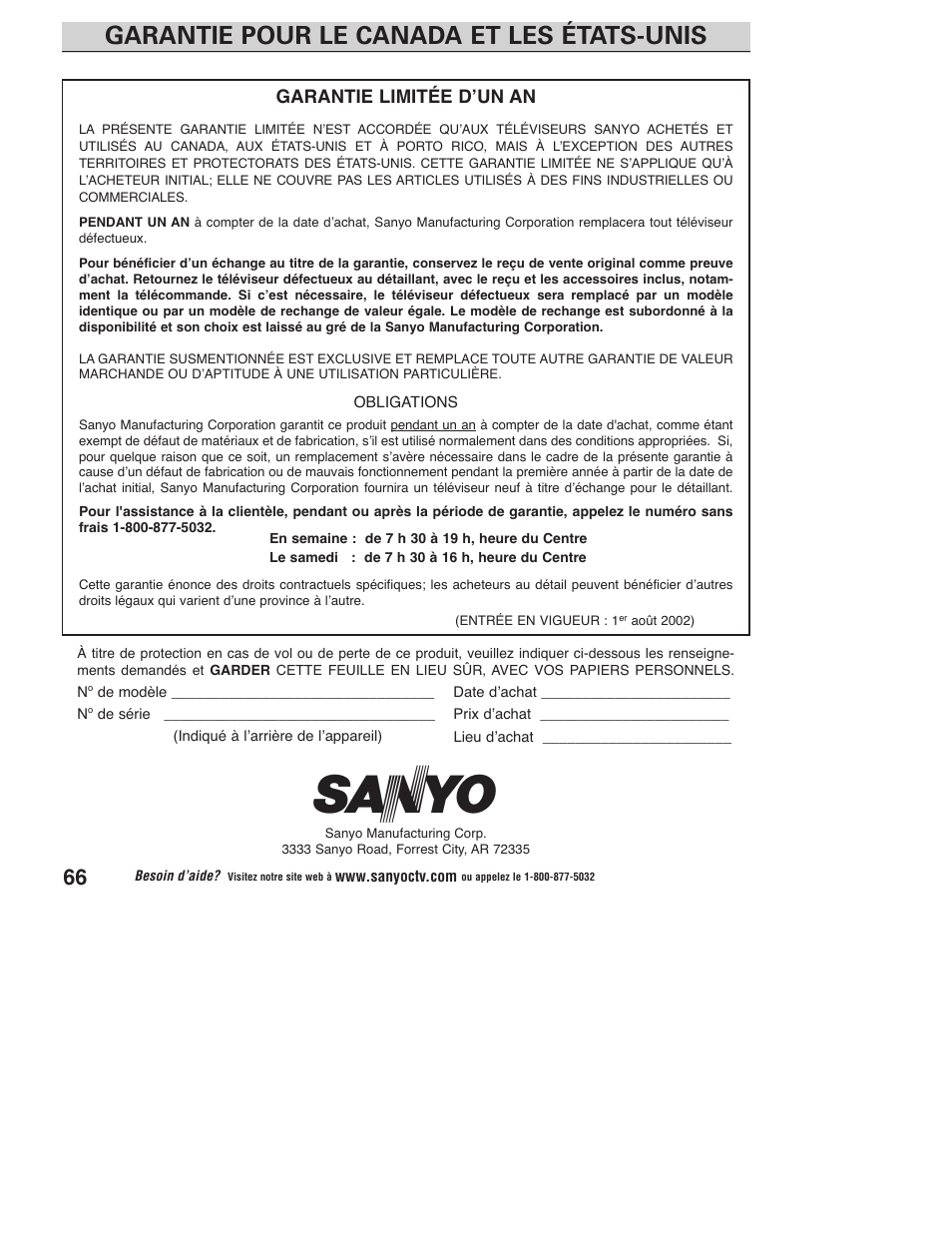 Garantie pour le canada et les états-unis | Sanyo DP23845 User Manual | Page 66 / 67