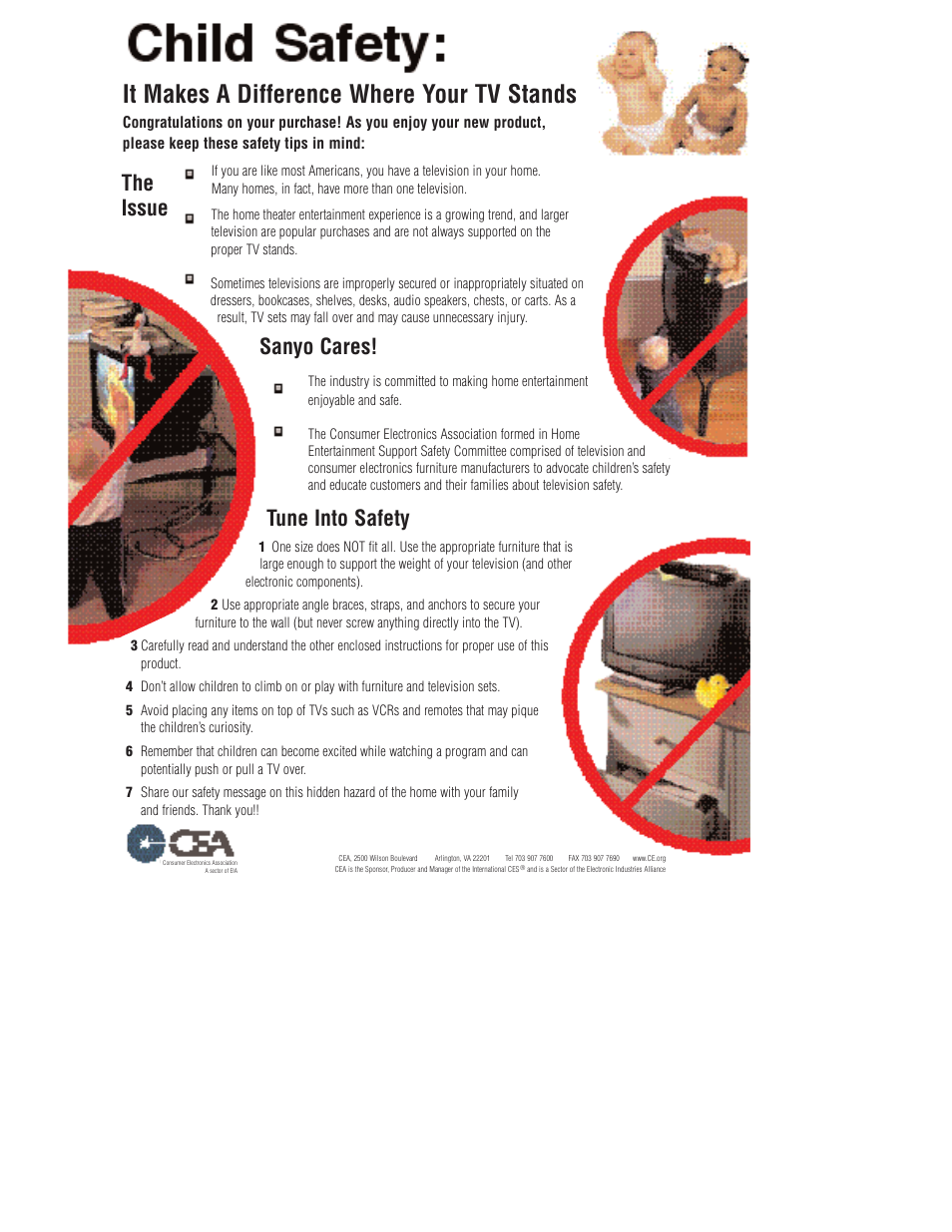 It makes a difference where your tv stands, The issue sanyo cares! tune into safety | Sanyo DP23845 User Manual | Page 67 / 67