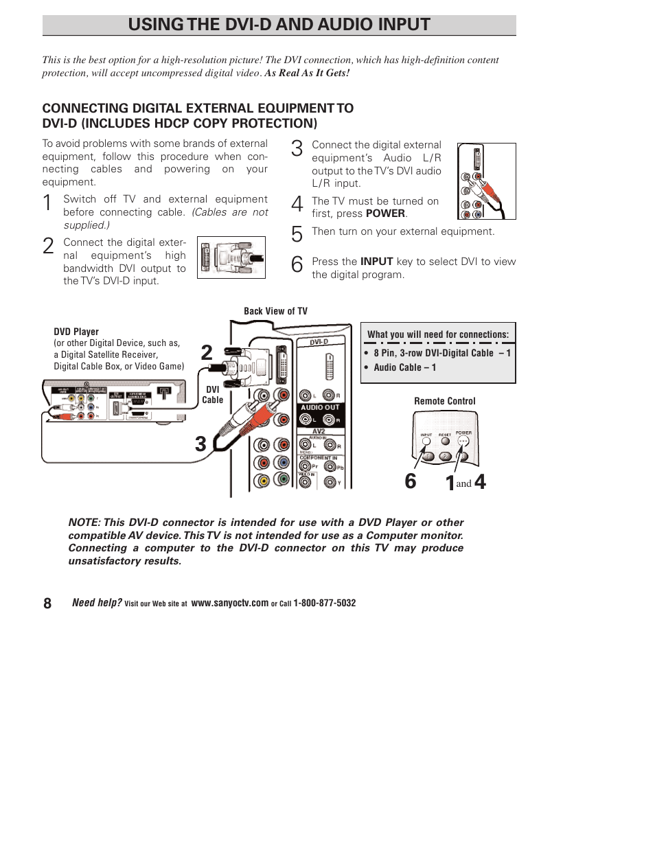 Using the dvi-d and audio input | Sanyo DP23845 User Manual | Page 8 / 67