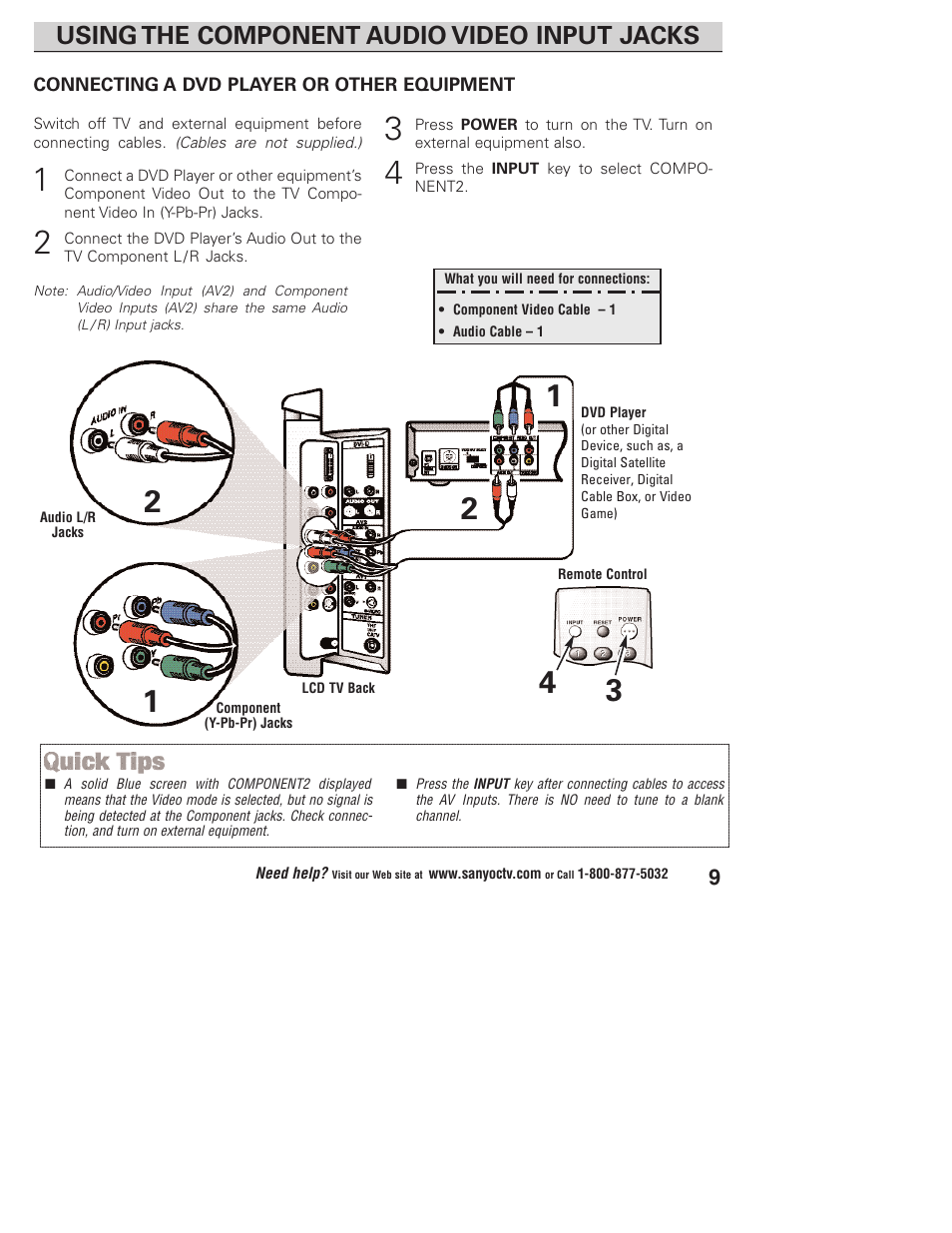 Using the component audio video input jacks | Sanyo DP23845 User Manual | Page 9 / 67