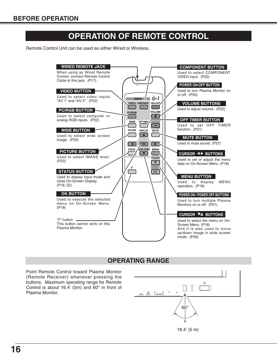 Operation of remote control, Before operation, Operating range | Sanyo PDP-32H1EN User Manual | Page 16 / 44