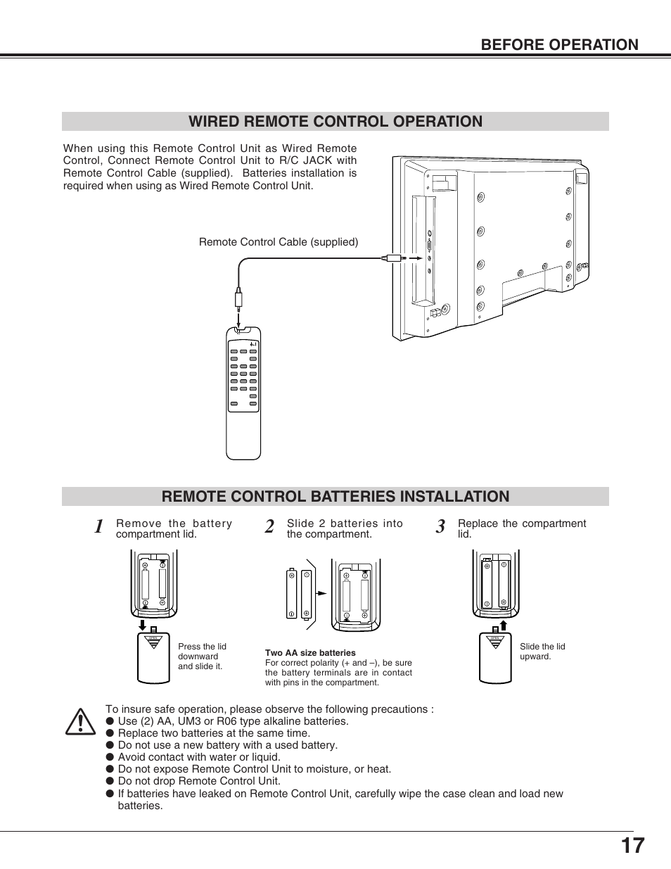 Before operation, Remote control batteries installation, Wired remote control operation | Sanyo PDP-32H1EN User Manual | Page 17 / 44