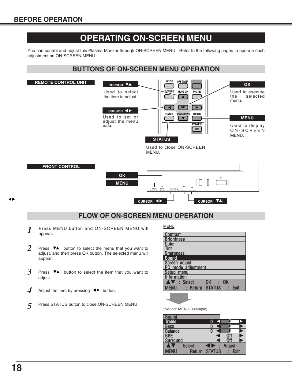 Operating on-screen menu, Before operation | Sanyo PDP-32H1EN User Manual | Page 18 / 44