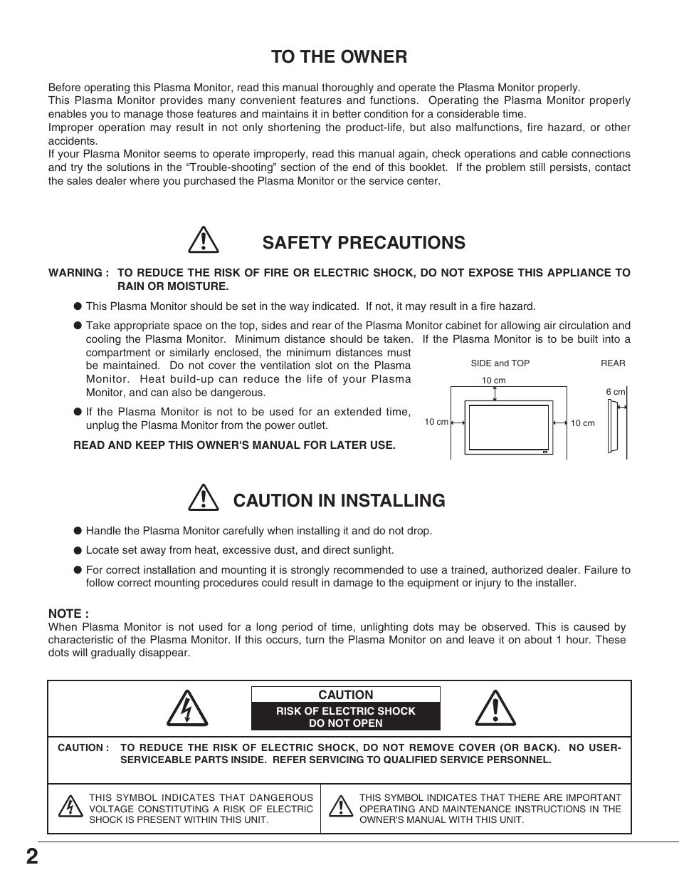 Caution in installing | Sanyo PDP-32H1EN User Manual | Page 2 / 44