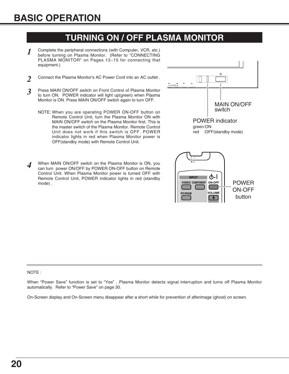 20 basic operation, 2turning on / off plasma monitor 1 | Sanyo PDP-32H1EN User Manual | Page 20 / 44