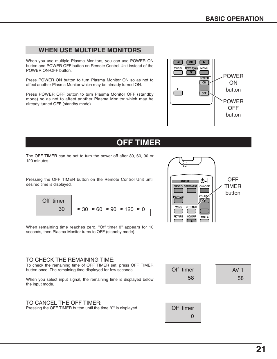 Off timer, When use multiple monitors, Basic operation | Sanyo PDP-32H1EN User Manual | Page 21 / 44