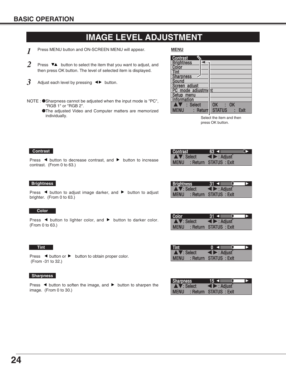 Image level adjustment, Basic operation | Sanyo PDP-32H1EN User Manual | Page 24 / 44