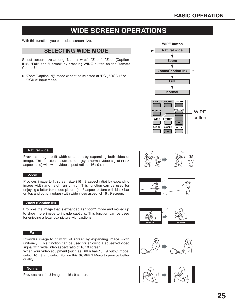 Wide screen operations, Basic operation, Selecting wide mode | Wide button | Sanyo PDP-32H1EN User Manual | Page 25 / 44