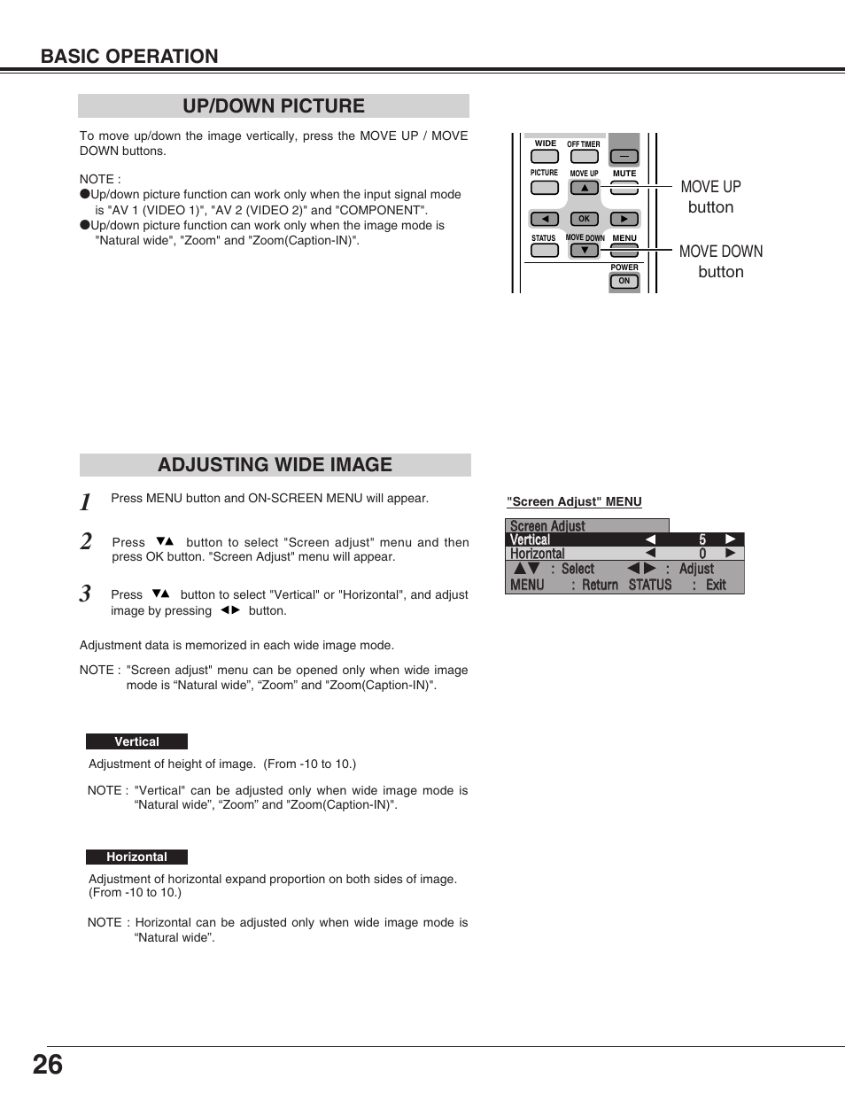 Basic operation adjusting wide image, Up/down picture | Sanyo PDP-32H1EN User Manual | Page 26 / 44