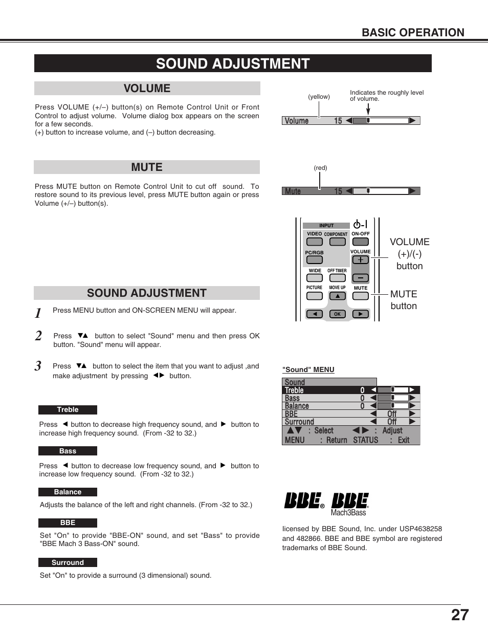 Sound adjustment, Sound adjustment mute volume basic operation | Sanyo PDP-32H1EN User Manual | Page 27 / 44